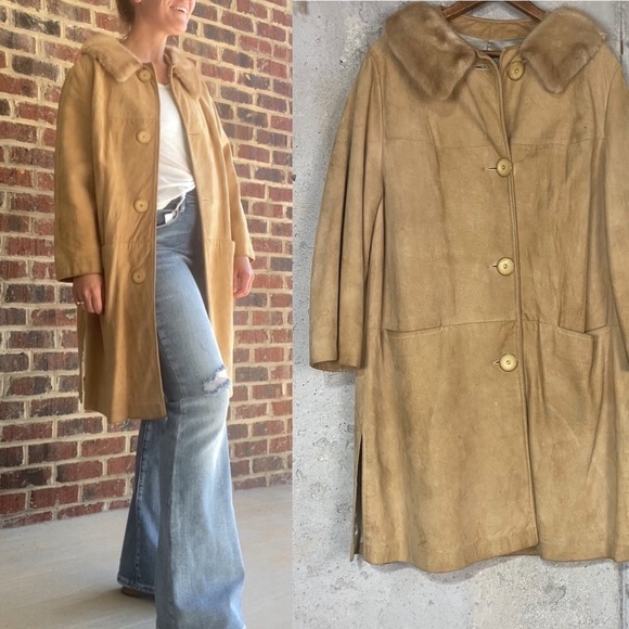 Vintage 60s/70s beige tan suede leather fur collar long line coat large xl - Picture 1 of 10